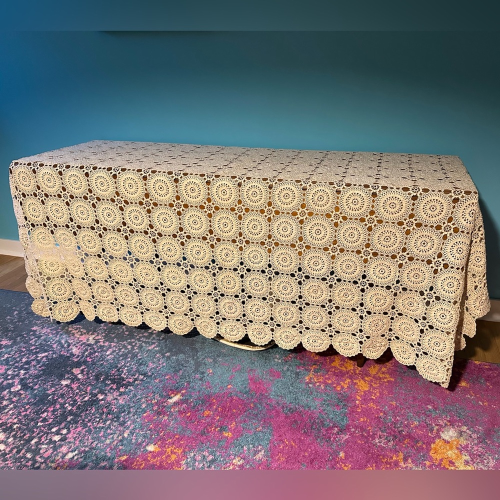 Cottage Grandma Vintage Ivory Crocheted Cover for Table/Bed Tablecloth/Coverlet